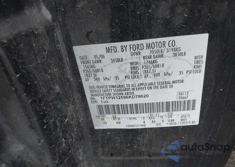 2006 Ford F-150 Lariat/Xlt from USA, damaged, VIN 1FTPW12596KD78620